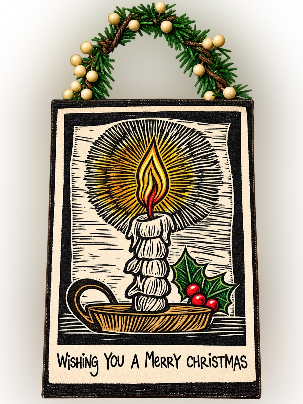 Holiday Candle Wall Plaque Sign - Cream, Green and Red